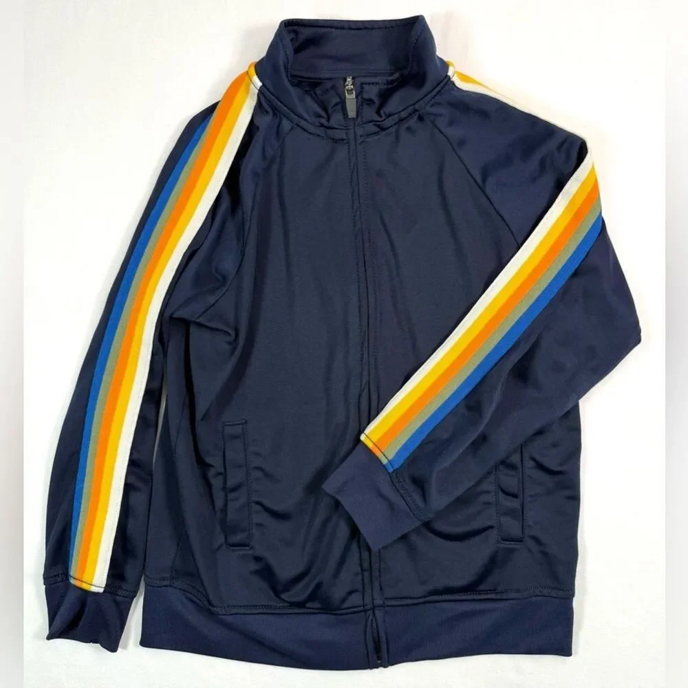 GYMBOREE‎ Boys Navy Track Jacket Rainbow Stripe Size 7/8 2019 Retro Collector